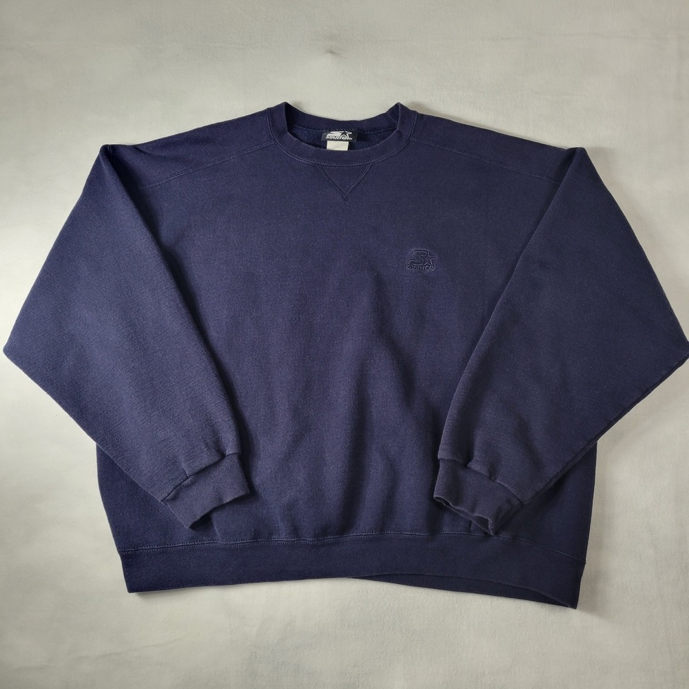 Vtg Starter Sweatshirt 90s Y2K Faded Embroidered Logo XL Boxy Blank Navy Blue